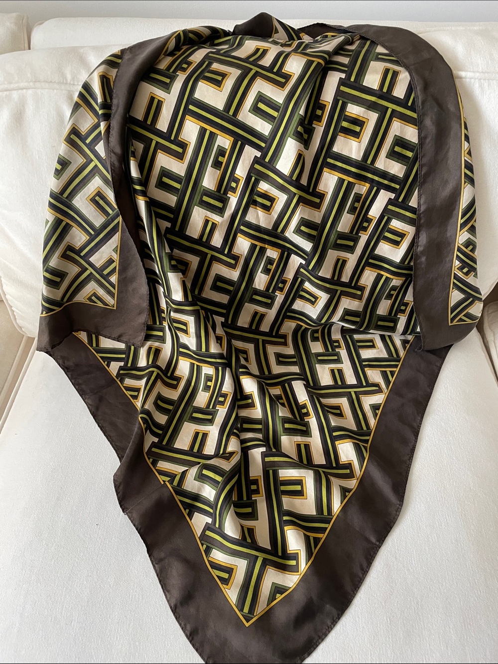LOFT Geometric Silk Scarf in Olive, Black & Cream